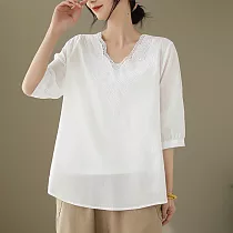【ACheter】 時尚v領刺繡上衣薄款五分袖百搭休閒棉麻短版# 117968 M 白色