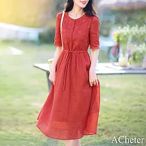 【ACheter】 春夏新款文藝氣質刺繡系帶收腰長款五分短袖蘆麻連身裙長版洋裝# 118138 M 紅色