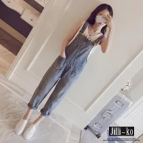 【Jilli~ko】復古經典百搭口袋牛仔可調吊帶褲 J10814 FREE 藍色