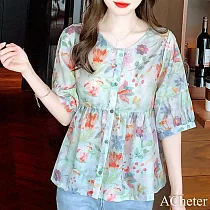【ACheter】 棉麻碎花五分中袖大碼胖圓領寬鬆遮肚子顯瘦短版上衣# 118266 3XL 花紋色