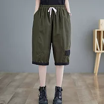 【ACheter】 寬鬆撞色拼布休閒七分褲大口袋束腳高腰哈倫褲# 118299 L 軍綠色