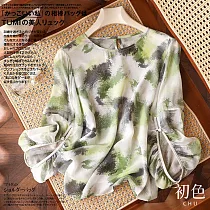 【初色】水墨封印花圓領長袖雪紡T恤上衣─綠色─68779(M─2XL可選) 2XL 綠色