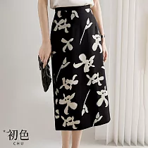 【初色】高腰A字玉蘭印花撞色直筒開衩半身裙裙子─共3色─68859(M─2XL可選) M 黑色
