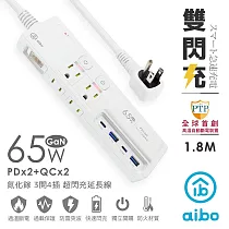 aibo GaN氮化鎵 3開4插 高溫斷電智慧 PD65W超閃充USB延長線─1.8米