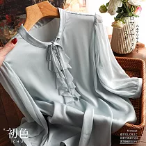 【初色】純色透氣薄款拼接圓領抽繩長袖襯衫女上衣─共2色─30339(M─2XL可選) M 藍色