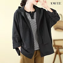 【AMIEE】簡約棉質連帽襯衫外套(2色/L─XL/KDCQ─2339) 2XL 黑色