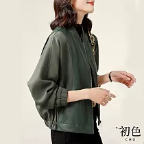 【初色】簡約皮衣拼接長袖棒球外套─草綠色─30448(M─2XL可選) 2XL 草綠色