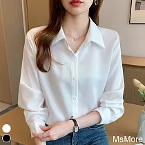 【MsMore】 韓版復古簡約襯衫純色氣質顯瘦長袖百搭短版上衣# 118950 M 白色