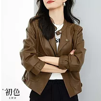 【初色】休閒輕奢皮衣夾克長袖外套─卡其綠色─30451(M─2XL可選) 2XL 卡其綠色