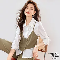 【初色】時尚假兩件襯衫長袖上衣+高腰修身筆直長褲套裝─咖綠色─30709(M─2XL可選) M 咖綠色