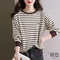 【初色】拼接條紋兔子刺繡寬鬆中大尺碼顯瘦圓領長袖針織衫打底內搭T恤上衣─共2色─30914(F可選) F 咖啡色