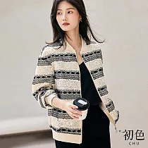 【初色】撞色蕾絲拼接小立領條紋長袖棒球夾克外套─杏色─30948(M─2XL可選) M 杏色