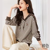 【初色】條紋兔子印花寬鬆抽繩連帽T恤上衣─卡其─31009(M─2XL可選) L 卡其