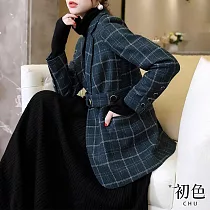 【初色】復古風顯瘦修身格紋平口領綁帶一粒釦長袖大衣西裝外套─墨綠色─31087(M─2XL可選) 2XL 墨綠色