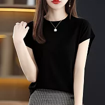 【MsMore】 半高領超短袖天絲亞麻質感短款純色上衣針織衫# 119380 FREE 黑色