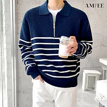 【AMIEE】輕熟風翻臉條紋針織上衣(男裝/KDTQ─3458) M 寶藍
