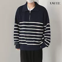【AMIEE】輕熟風翻臉條紋針織上衣(男裝/KDTQ─3458) 2XL 黑色