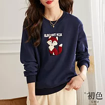 【初色】圓領狐狸刺繡寬鬆長袖衛衣T恤上衣─藍色─31494(M─2XL可選) XL 藍色