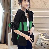 【初色】連帽拚色寬條紋棒球夾克大衣外套─黑色─64892(M─2XL可選) 2XL 黑色