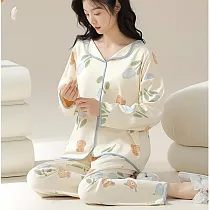 O─ni O─ni舒適透氣寬鬆剪裁莫代爾翻領長袖長褲家居服/睡衣套組_YNE─870/ XL 兔子鬱金香