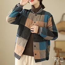 【初色】微立領撞色方格拼接加厚夾綿棒球外套休閒外套─共2色─31909(M─2XL可選) XL 米色