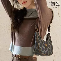【初色】半高領復古風溫柔假兩件一字領長袖T恤上衣女上衣─共2色─32089(F可選) F 藍咖色