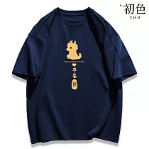 【初色】圓領卡通小龍印花寬鬆短袖中長款T恤上衣女上衣─共4色─32847(M─2XL可選) L 藏青色