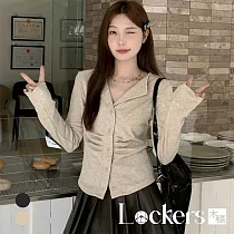【Lockers 木櫃】加絨保暖褶皺設計長袖上衣 L113030405 L 卡其色L