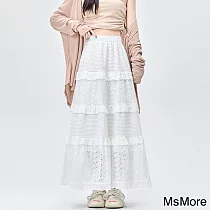 【MsMore】 白色半身裙高腰A字裙蛋糕溫柔風長裙設計感鉤花裙# 121337 XL 白色