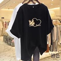 【初色】愛心兔子印花寬鬆落肩短袖T恤上衣─共5色─33129(M─2XL可選) L 黑色