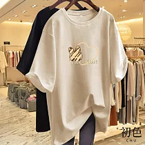 【初色】愛心兔子印花寬鬆落肩短袖T恤上衣─共5色─33129(M─2XL可選) L 卡其色