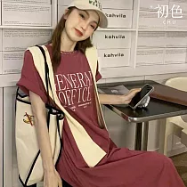 【初色】美式圓領短袖中大碼洋裝連身裙洋裝中長洋裝─7款任選─33851(M─2XL可選) XL F...紫紅色