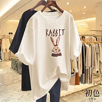 【初色】兔子印花圓領寬鬆顯瘦休閒短袖T恤上衣─共10色─33904(M─4XL可選) 4XL 杏色