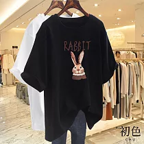 【初色】兔子印花圓領寬鬆顯瘦休閒短袖T恤上衣─共10色─33904(M─4XL可選) 4XL 黑色