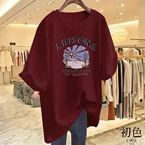 【初色】圓領日落印花夏季寬鬆顯瘦短袖T恤上衣─共10色─33912(M─3XL可選) 3XL 酒紅色