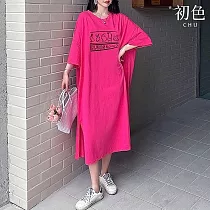 【初色】韓系休閒純色兔子印花寬鬆大碼圓領七分袖連衣裙洋裝─共3色─33927(M─4XL可選) XL 玫紅色