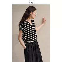 ltyp旅途原品 真絲亞麻棉條紋POLO衫 文藝V領休閒寬鬆短袖T恤女夏 M L L 黑杏條紋