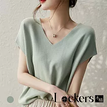 【Lockers 木櫃】夏季顯瘦桑蠶絲V領針織T恤 L113052701 XL 綠色