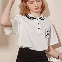 【MsMore】 法式休閒小熊貓刺繡短袖T恤甜美少女風polo短版上衣# 122348 L 白色