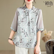 復古風中式氣質優雅碎花印花雪紡澎五分短袖袖圓領T恤上衣女上衣─灰色─33636(M─2XL可選) L 灰色