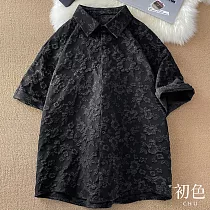 【初色】清涼感古風文藝翻領花草浮雕緹花短袖襯衫上衣女上衣─共2色─33710(M─2XL可選) L 黑色
