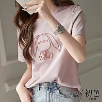 【初色】純色簡約兔子刺繡圓領短袖T恤上衣女上衣─粉紅色─34410(M─2XL可選) XL 粉紅色