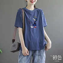 【初色】韓版圓領寬鬆女孩印花復古顯瘦短袖T恤上衣─共7色─34656(M─4XL可選) 3XL 藍色