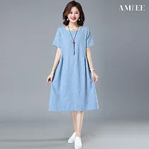 【AMIEE】棉麻圓領短袖連身裙洋裝(KDDY─2388) XL 淺藍