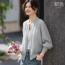 【初色】輕薄寬鬆棒球領長袖拉鍊遮陽防曬棒球服外套女外套─淺灰色─35043(M─3XL可選) 2XL 淺灰色