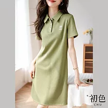 【初色】POLO領寬鬆兔子刺繡休閒短袖連身裙洋裝─綠色─68342(M─2XL可選) 2XL 綠色