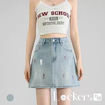 【Lockers 木櫃】夏季休閒塗鴉A字牛仔短裙 L113081501 XL 薄荷藍