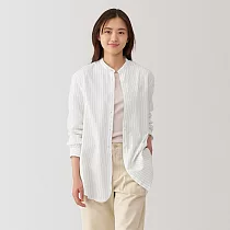 【MUJI 無印良品】女水洗平織布立領長袖長版襯衫 XL 象牙白直紋