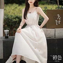 【初色】圓領素色收腰顯瘦修身吊帶無袖連身裙洋裝─米色─34044(M─XL可選) XL 米色