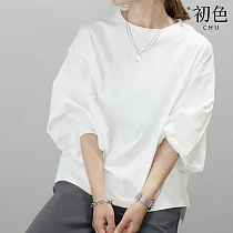 【初色】素色日系寬鬆燈籠袖圓領七分長袖T恤上衣女上衣─共3色─38314(M─XL可選) M 白色
